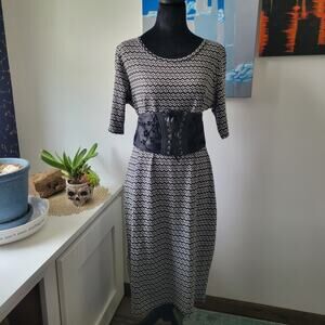 LuLaRoe Fitted Midi Dress Women’s Size L | Geometric Print Black Gray | Stretchy